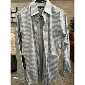 Dress Shirt White and Grey plaid Non Iron Button Down Oxford Shirt Men Size 15.5